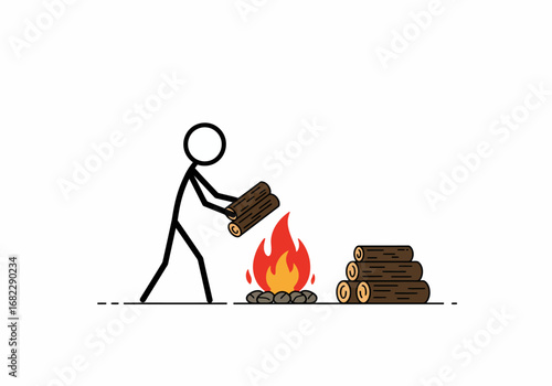 Stick figure adds logs to campfire near a stack of logs