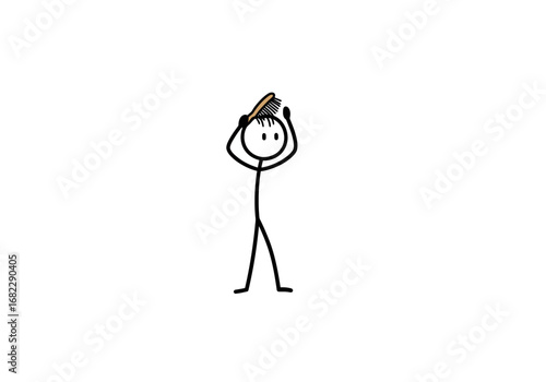 Stick figure brushing their hair with a hairbrush on a white background