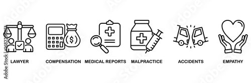 Personal injury law icon set vector illustration concept for lawyer, compensation, medical reports, malpractice, accidents and empathy