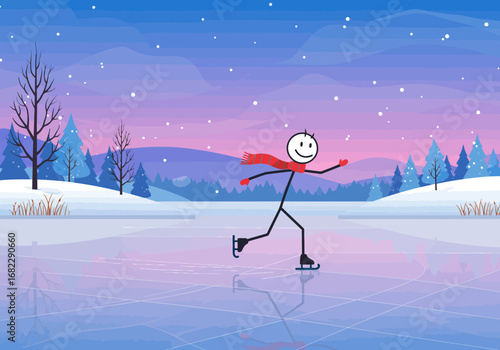 Stick figure ice skating on a frozen lake with snowcovered trees and hills in the background