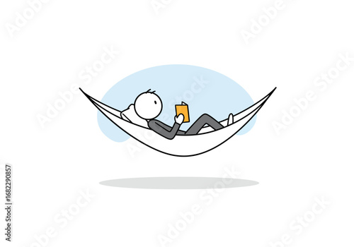 Stick figure reclines in hammock reading book with blue backdrop casting shadow