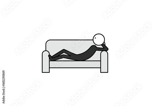 Stick figure reclining on a light gray couch with an arm behind its head and legs crossed