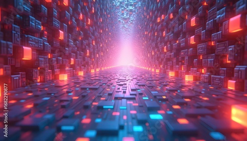 Walking through endless tunnels of neon cubes and orbs