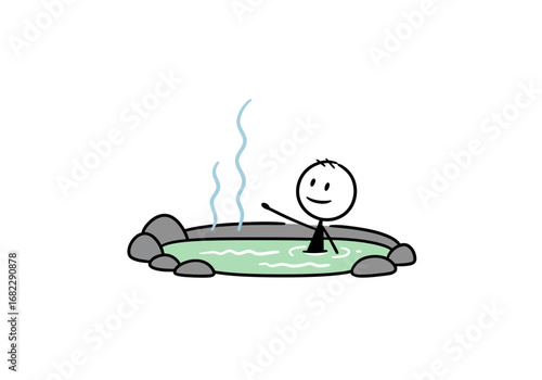Stick figure relaxing in a rockrimmed hot tub with steam rising