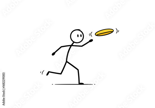 Stick figure throwing a yellow frisbee while running