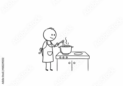 Stick figure wearing an apron cooking spaghetti on a stove top