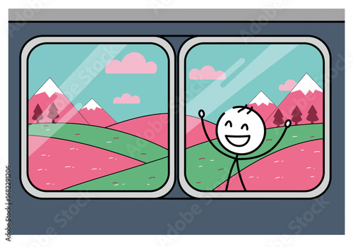 Stick figure waves from a train window showing pink hills snowy mountains and pink clouds