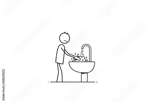 Stick figure washing hands at a sink under running water