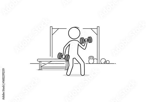 Stick figure weightlifter in gym holding dumbbells with bench and equipment backdrop