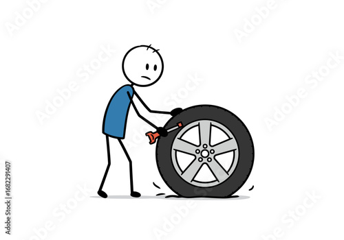 Stick figure with flat tire using wrench looking dejected