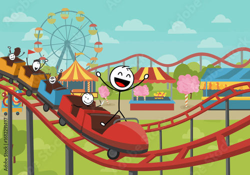 Stick figures ride a roller coaster at a carnival with a ferris wheel and booths