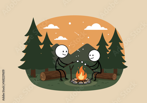 Two stick figures roast marshmallows around a campfire amidst trees  mountains