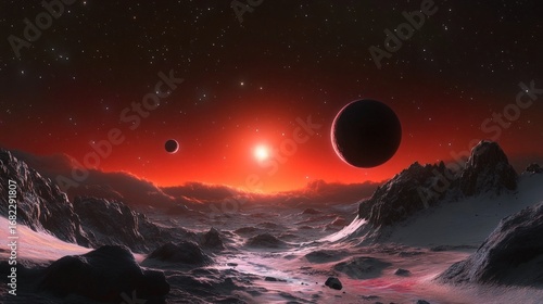 Distant planets and stars shine over a desolate mountainous alien landscape under a red sky in a science fiction scene