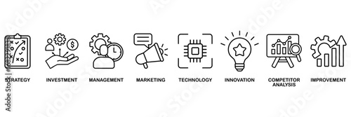 Business development icon set vector illustration concept for strategy, investment, management, marketing, technology, innovation, competitor analysis, improvement