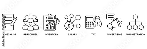 Cost reduction icon set vector illustration concept for checklist, personnel, inventory, salary, tax, advertising and administration