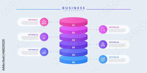 Design template for vector infographic labels with icons and 6 options or steps. Suitable for process diagrams, presentations, workflow layouts, banners, flow charts, and infographics.