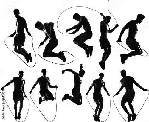 Silhouette of Athletic Men Skipping Rope in Various Jumping Poses for Fitness Training, Cardio Exercise, Workout, and Health Concepts