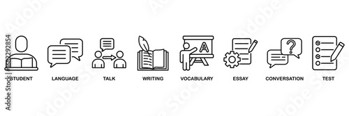 English class icon set vector illustration concept for student, language, talk, writing, vocabulary, essay, conversation, test