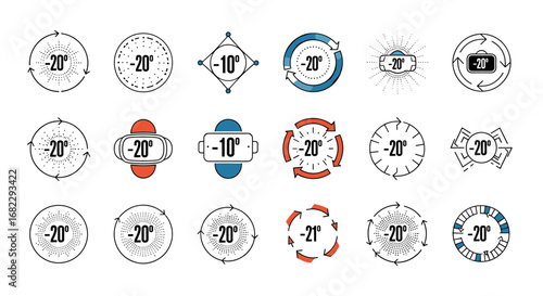 Collection of circular icons representing minus twenty degrees celsius temperature readings with various designs and arrows