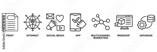 Cross-media icon set vector illustration concept for print, internet, social media, app, multichannel marketing, webshop and database