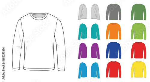 Collection of diverse colored long sleeve t shirts apparel clothing fashion garment