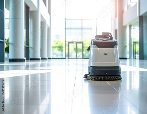 Modern cleaning robot in a bright office hallway (1)