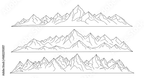 Collection of three detailed hand drawn mountain ranges in a minimalist sketch style