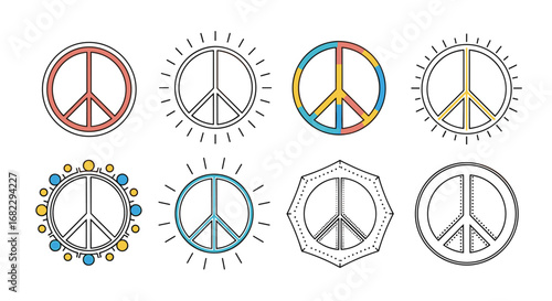 A collection of diverse stylized peace symbols showcasing various interpretations of unity and harmony