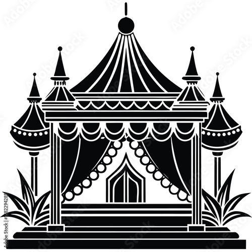 Striped circus tent vector illustration with a vintage flag on a festive sky background