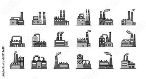 Collection of industrial factory buildings showing manufacturing and production facilities with smoke stacks emitting pollution