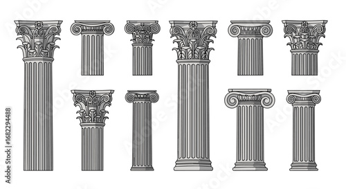 Collection of elaborate ancient architectural columns demonstrating classical design elements