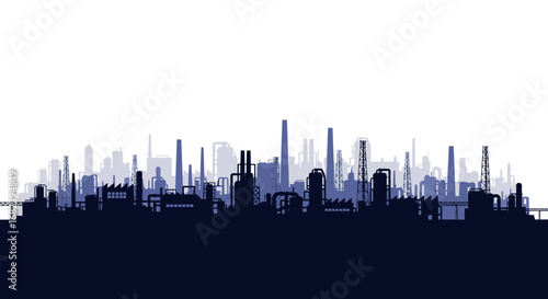 Industrial cityscape silhouette with tall chimneys and complex structures creating a modern manufacturing district under a bright sky