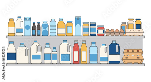 Grocery store dairy and beverage aisles featuring milk eggs and various drinks organized on shelves