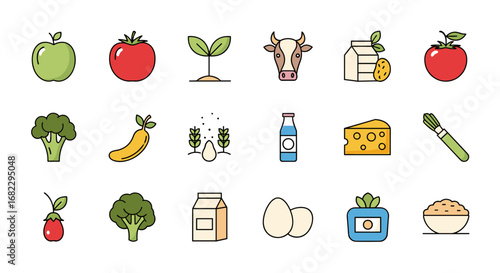 A colorful collection of fresh food icons representing healthy eating and agriculture diverse food products for nutritional content and gastronomic inspiration