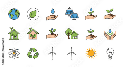 A collection of green energy and environmental protection icons representing sustainability and ecological care