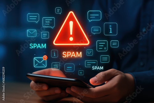 A smartphone display shows a digital warning about spam, with multiple icons illustrating the problem.