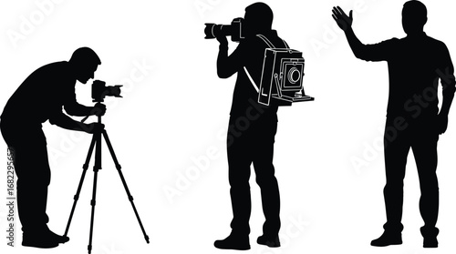 Silhouettes of photographers capturing moments with vintage and modern cameras, professional photography concept, creative photo shoot, artistic camera operators