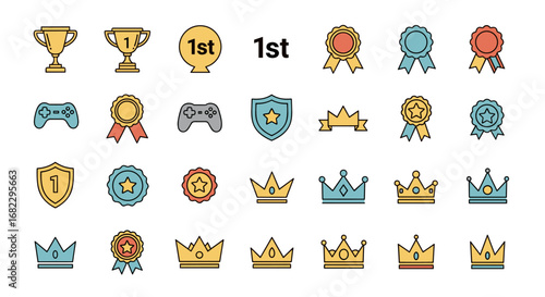 Collection of victory trophies medals ribbons badges shields and crowns for gaming and competition achievements