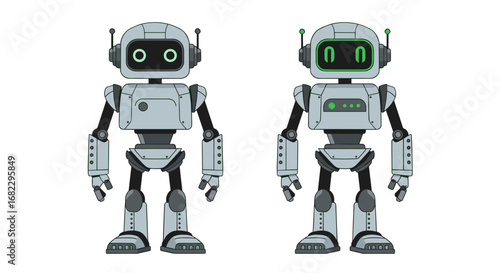 Two cute friendly robots facing forward with digital screens for faces displaying expressions