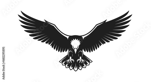 Powerful black eagle spreading majestic wings in flight over white background emblematic symbol of freedom and strength