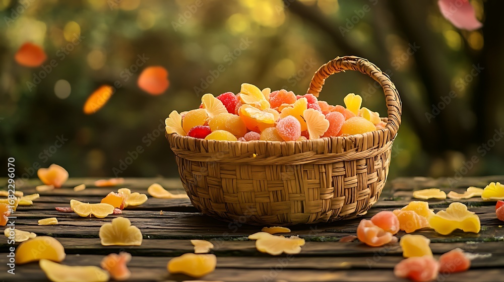 Naklejka premium Vibrant autumn harvest of colorful fruit candies in a rustic basket outdoors