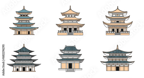 Collection of six traditional east asian pagoda architecture designs showcasing distinct styles and cultural influences