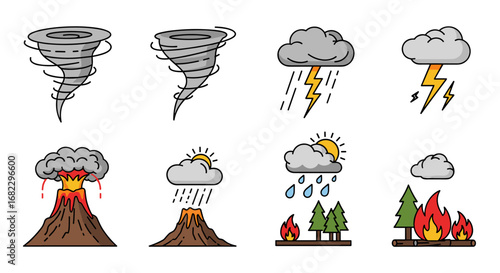 Collection of natural disaster icons illustrating extreme weather and geological events affecting the environment