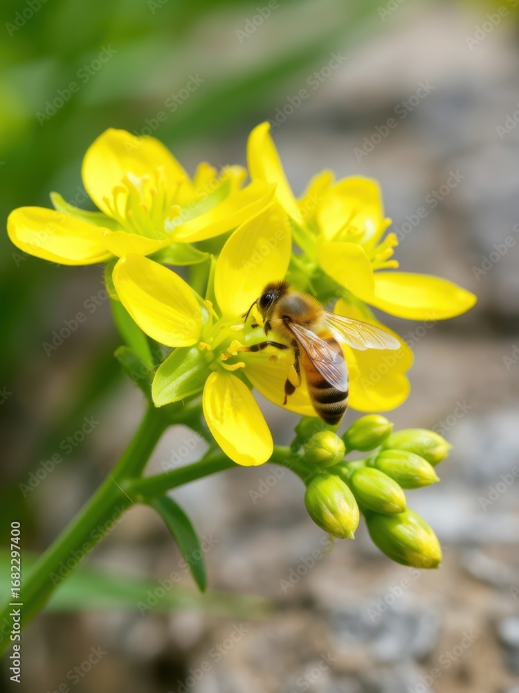 Fototapeta premium Bee pollinating bright yellow flower in natural habitat macro photography close-up view of nature's beauty
