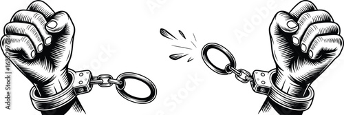Illustration of clenched fists breaking handcuffs, symbolizing freedom, breaking chains, liberation, power, resistance, open handcuffs, justice, empowerment