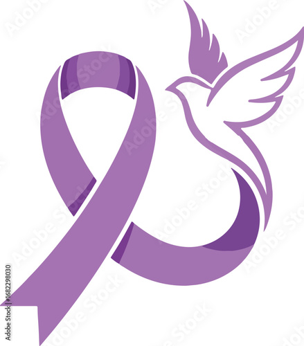 Hope symbolized by a soaring dove intertwined with a vibrant purple awareness ribbon, representing strength and support