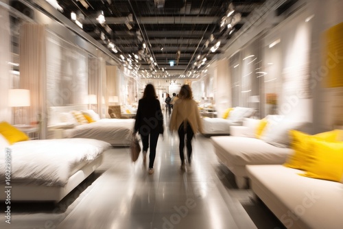 Blurred view of shoppers in a modern furniture store