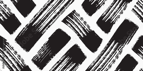 Abstract black and white herringbone pattern with textured brush strokes
