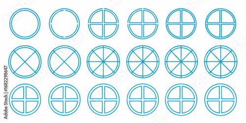 Collection of blue geometric circles divided into segments showing progression and variation in design