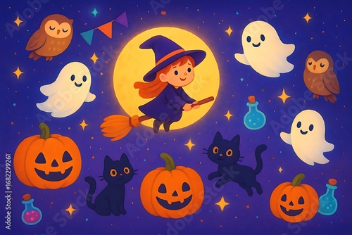 Friendly Ghosts and Pumpkins Halloween Illustration